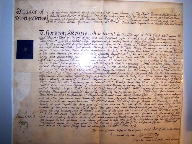 An early 19th century English court document issued by the Lord Bishop of Durham and Lord of the Manor of Northallerton April 23, 1808